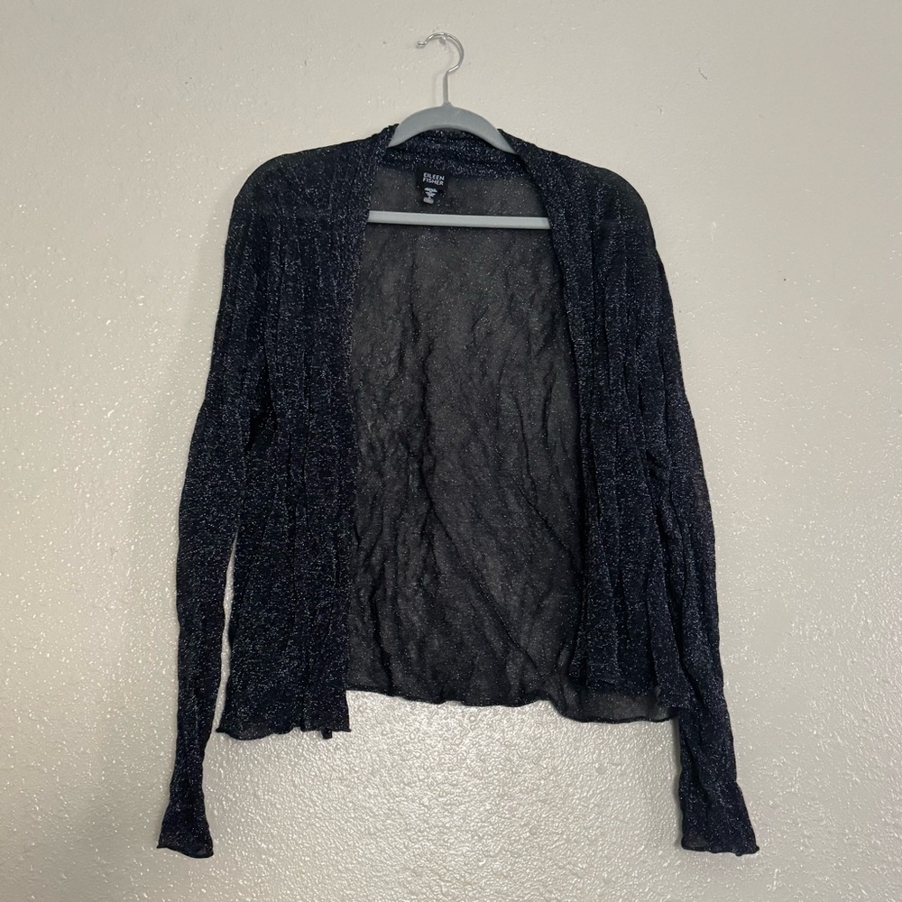 Eileen Fisher Black Tinsel Crinkle Open Cardigan